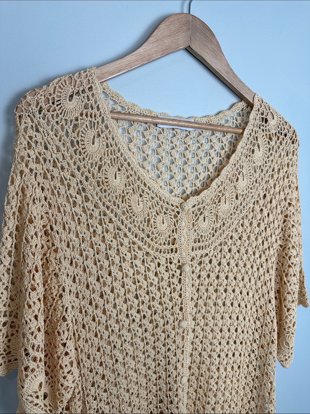 Vintage Rayon crochet dainty button up top short sleeved boho neutral natural
